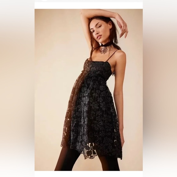 Free People All That Glitters Mini Dress Black Combo Baby Doll  Size Small NWT - Picture 2 of 9